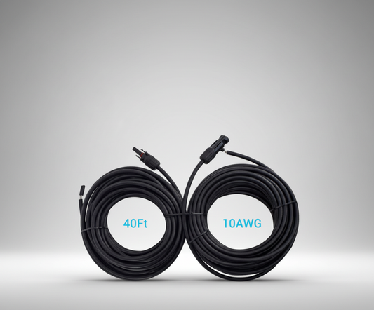 Two coiled black cables with labels indicating length and gauge on a gray background