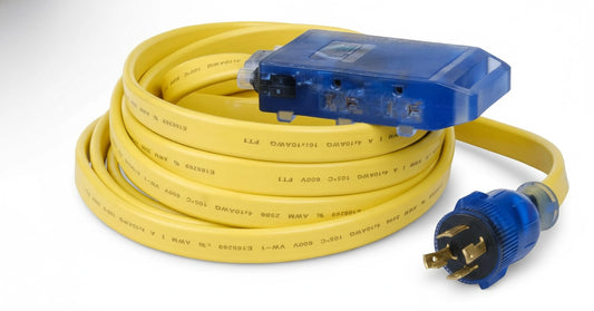 Yellow extension cord with blue connectors on a white background