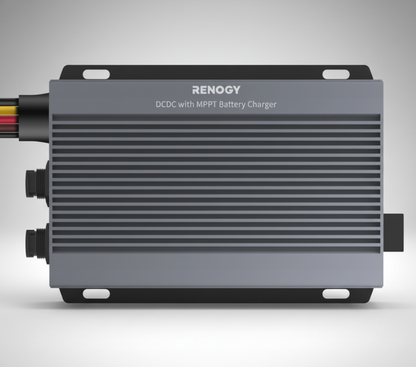 Gray MPPT battery charger with fins and side wiring, for solar power systems.