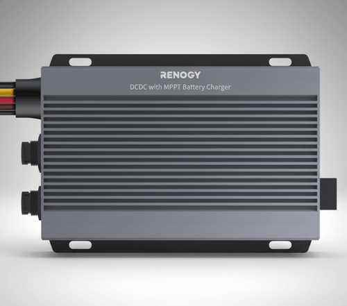 Renogy DCDC with MPPT battery charger for solar generators, horizontal ribbed gray unit