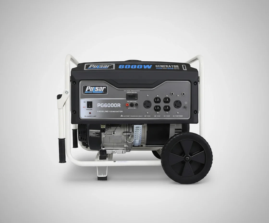 Portable gas generator with control panel and wheels, 6000W, on white background