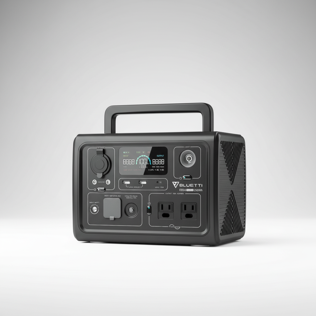 Portable solar generator with digital display, outlets, and handle on a white background