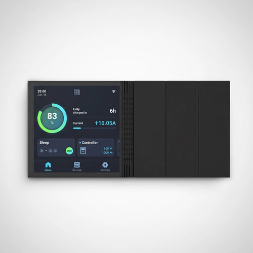 SolarFlare generator touchscreen display showing battery status and power settings