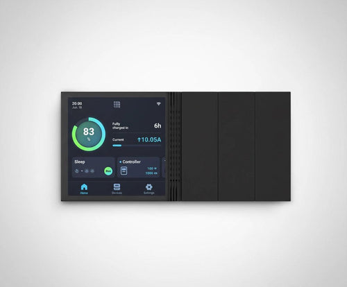 SolarFlare generator touchscreen display showing battery status and power settings