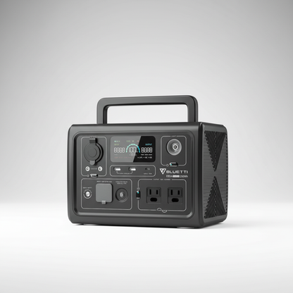 Portable solar generator with digital display, outlets, and handle on a white background.