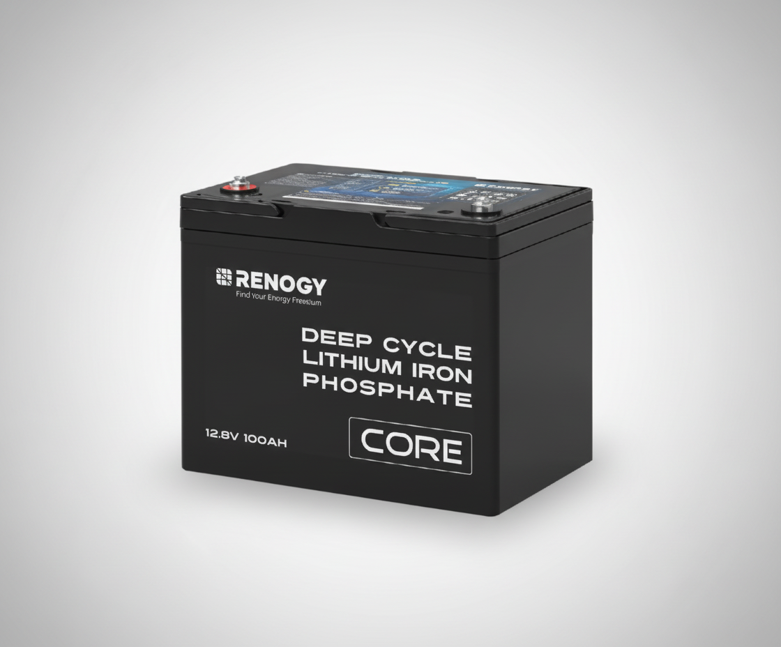 Renogy deep cycle lithium iron phosphate battery on a gray background