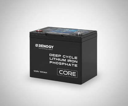 Renogy deep cycle lithium iron phosphate battery on a gray background