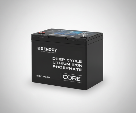 Renogy deep cycle lithium iron phosphate battery on a gray background