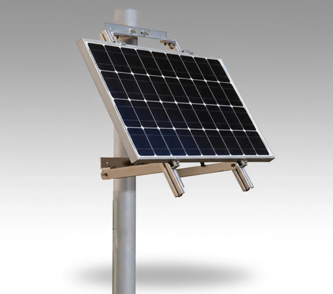 Mounted solar panel with adjustable bracket on a pole, renewable energy solution