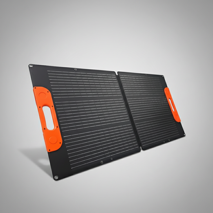 Foldable solar panel with orange accents on a gray background