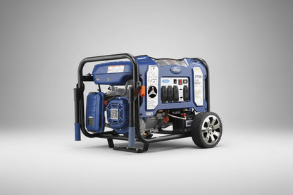 Blue portable generator on a gray background