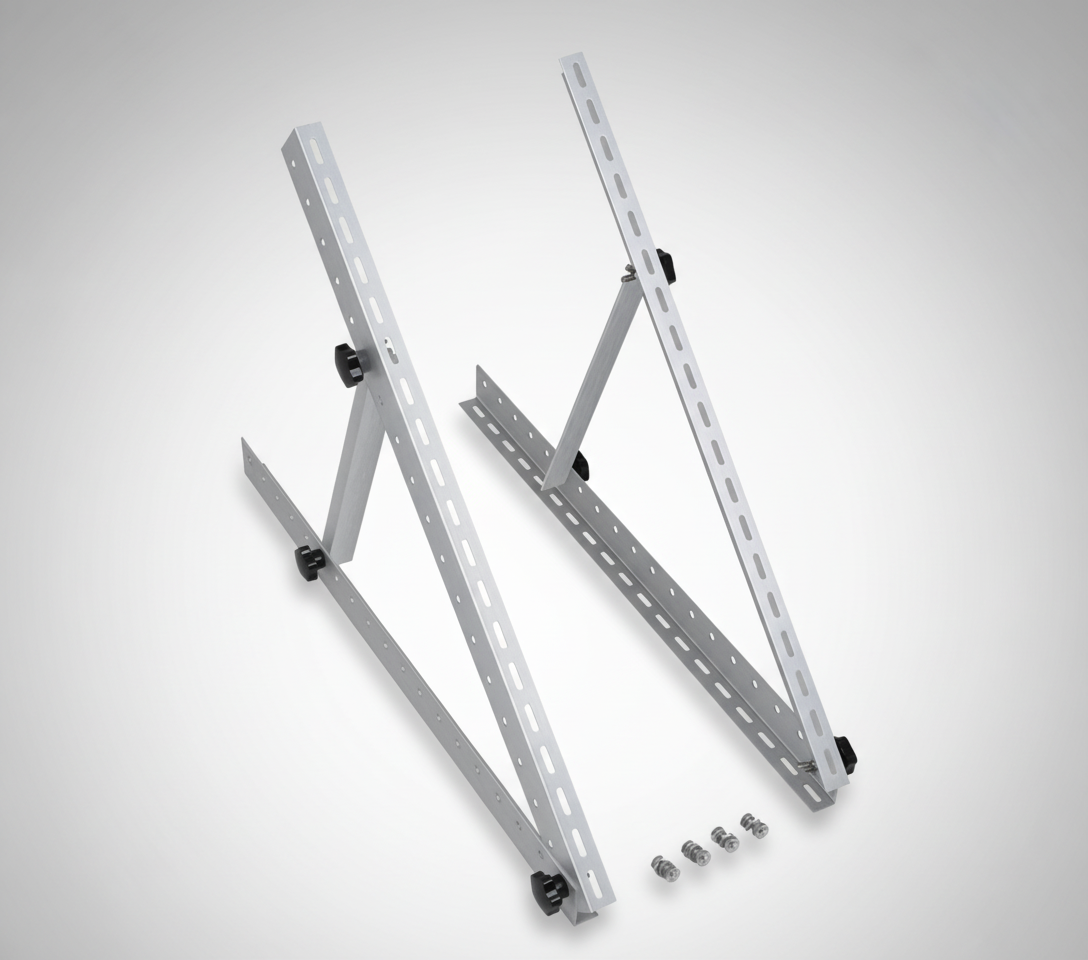 Adjustable solar panel mounting brackets for SolarFlares Generators, silver metal frame