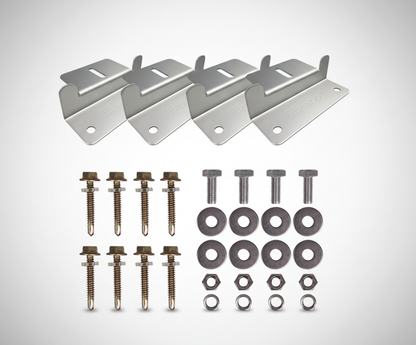 Metal brackets and screws on a white background