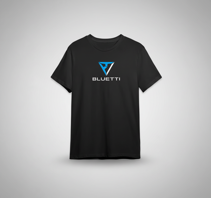 Black t-shirt with Bluetti logo on a gray background