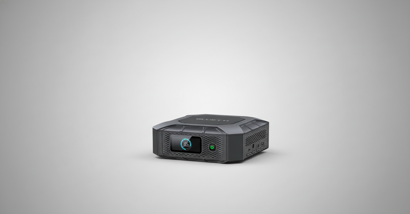 SolarFlare portable solar generator with digital display on light gray background