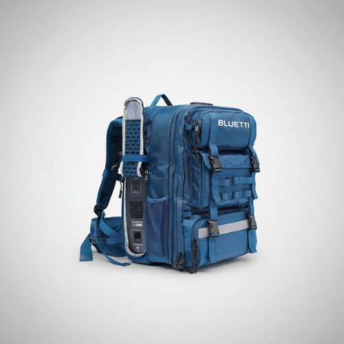 Portable solar generator in blue BLUETTI backpack, SolarFlares Generators renewable energy kit