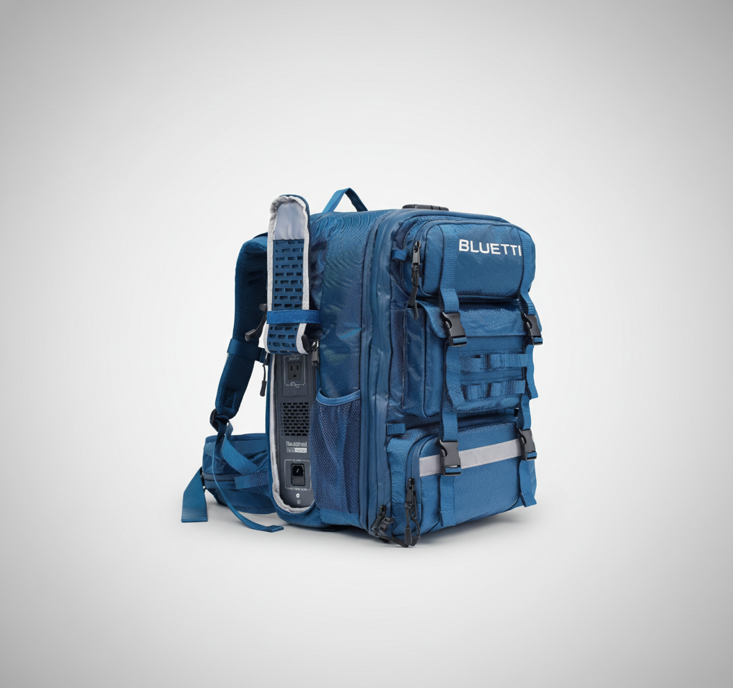 Portable solar generator in a rugged blue backpack on a light background