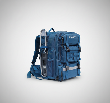 Portable solar generator in a rugged blue backpack on a light background