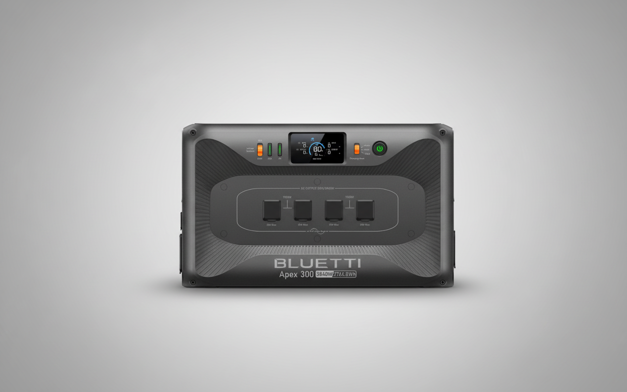 Bluetti Apex 300 portable solar generator front view on gray background for SolarFlare energy