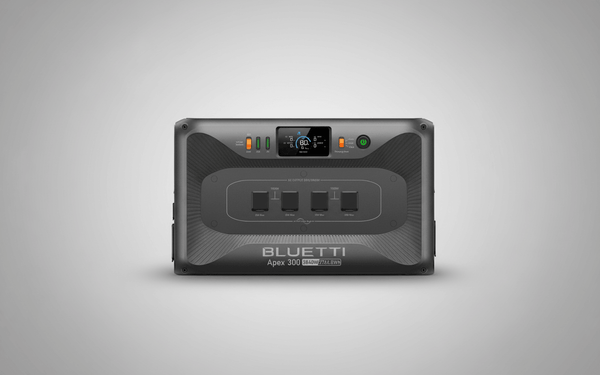 Bluetti Apex 300 portable solar generator front view on gray background for SolarFlare energy