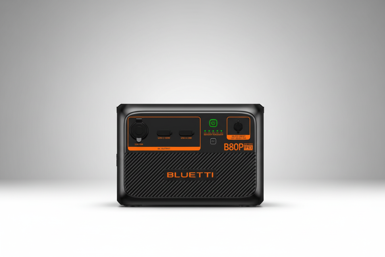 Bluetti B80P portable solar generator on a plain background, renewable energy solution