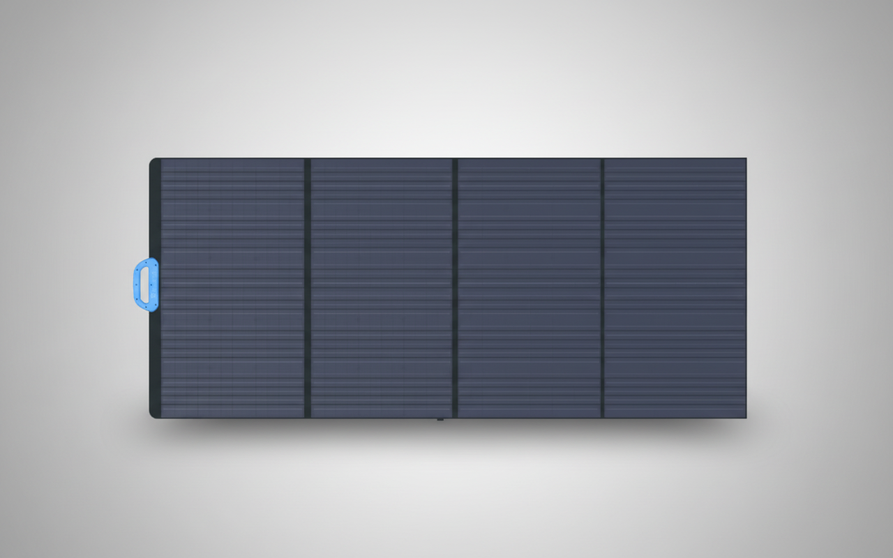 SolarFlare portable solar panel with blue handle, sleek design on neutral background