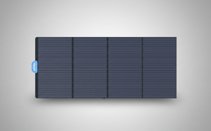 SolarFlare portable solar panel with blue handle, sleek design on neutral background