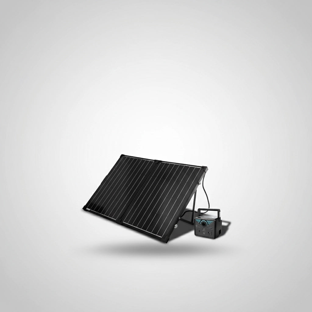 Portable SolarFlare generator kit with black solar panel, ideal for renewable energy on the go
