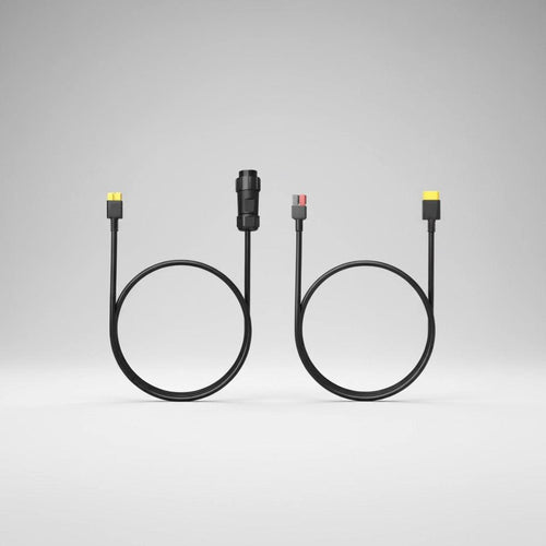 Solar generator adapter cables for SolarFlare Generators, two black cables with yellow connectors on a white background.