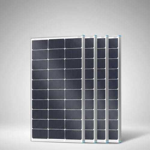 Four SolarFlares Generators solar panels with black cells on a light background