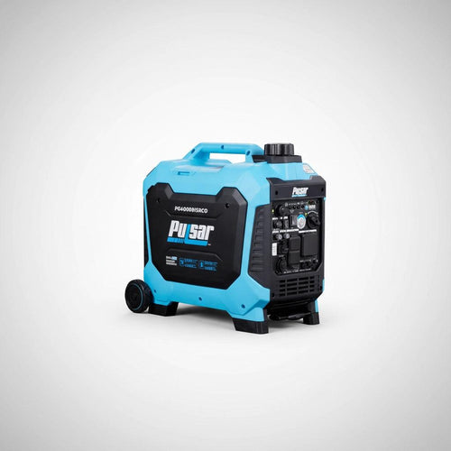 Portable blue Pulsar PG4000iSRCO generator displayed on a white background, SolarFlares Generators