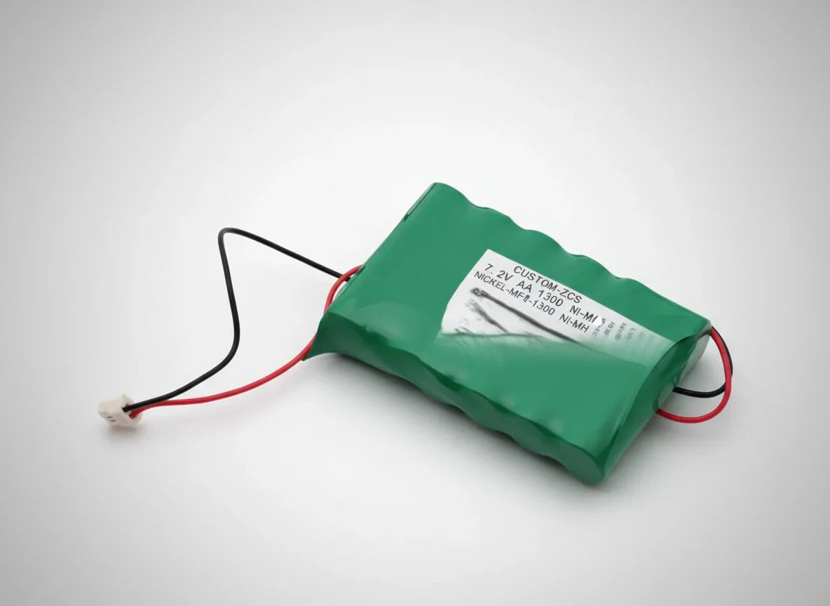 Green rechargeable battery pack for SolarFlare Generators, with red and black wires.