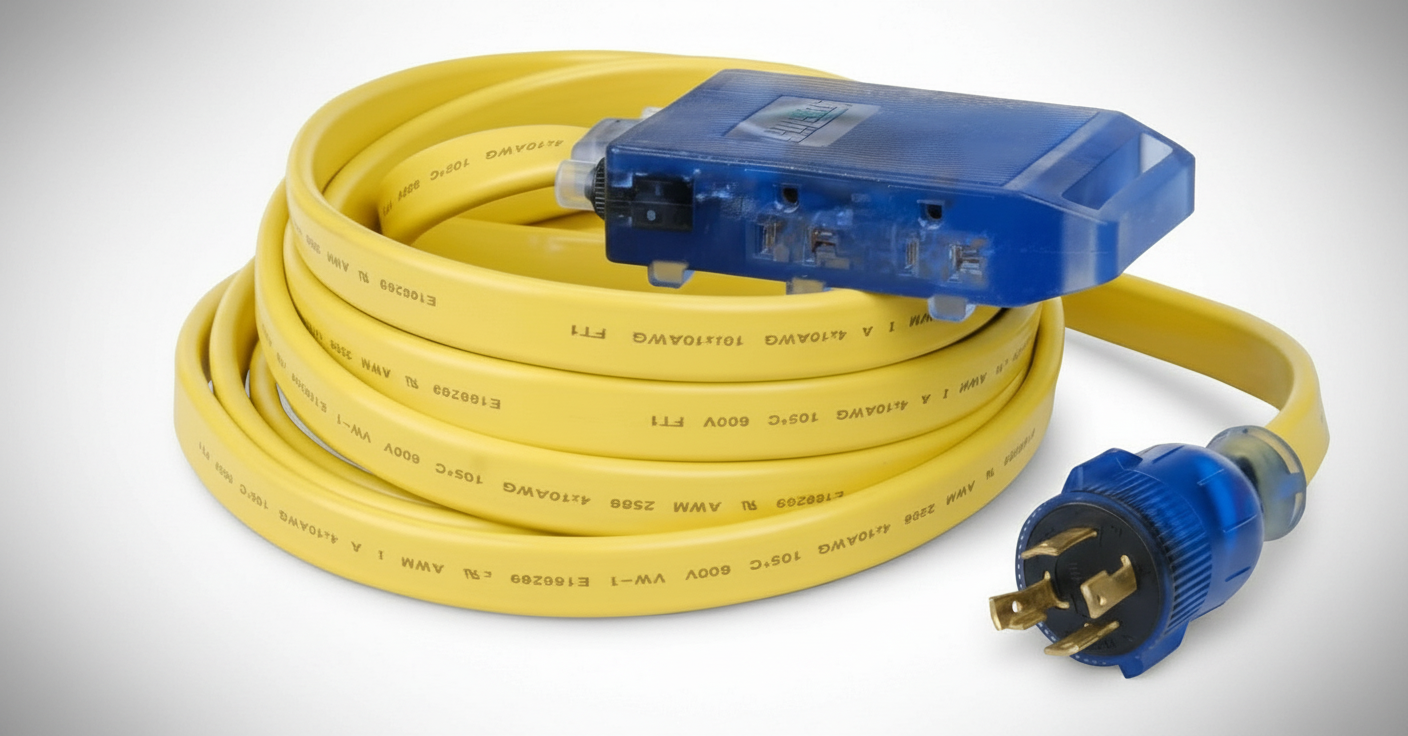 Heavy-duty yellow power extension cord with blue plug and connector for portable generators