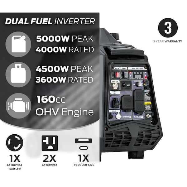 Générateur onduleur bi-carburant de 5000 W avec démarrage par bouton/démarrage à distance et alerte CO