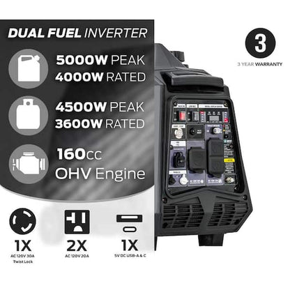 Générateur onduleur bi-carburant de 5000 W avec démarrage par bouton/démarrage à distance et alerte CO