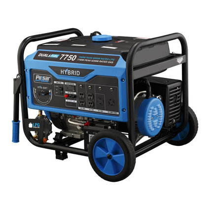 Portable hybrid generator with blue control panel, wheels, and multiple power outlets